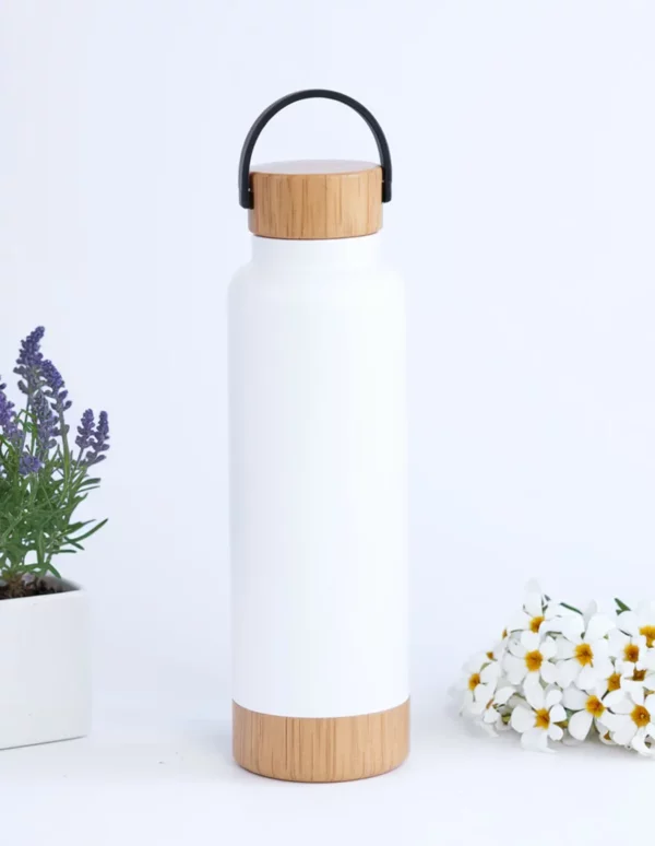 Bouteille isotherme Blanc et en bambou de 500ml en tunisie avec impression logo en tunisie